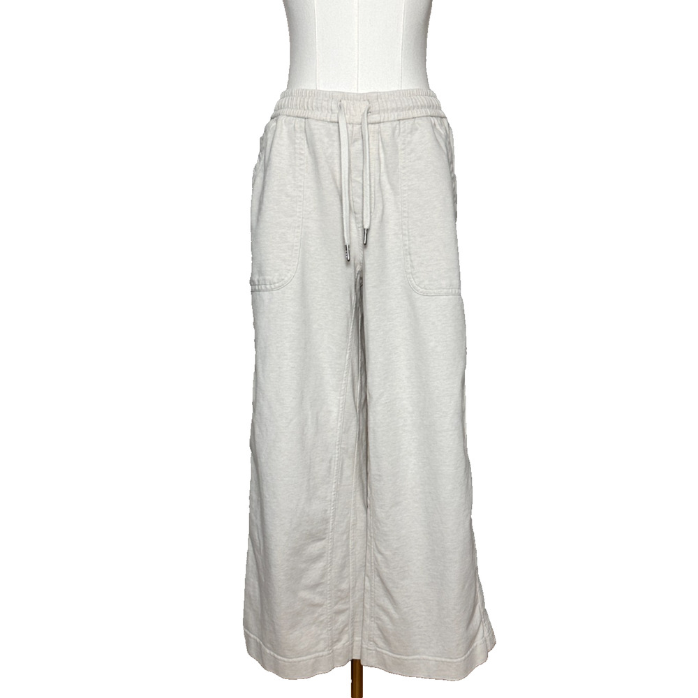 Athleta Farallon Cream Beige Heathered Wide Cropped Cotton Drawstring Pant 6